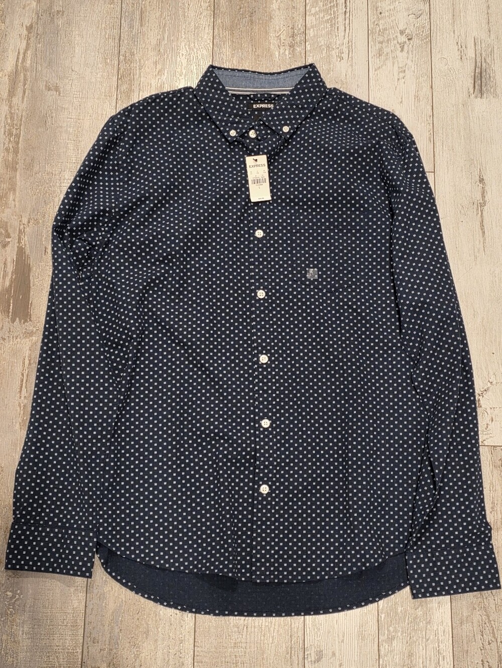 (L) Men's Express Patterned Casual Button-Down Shirt NWT Dark Blue 100% Cotton
